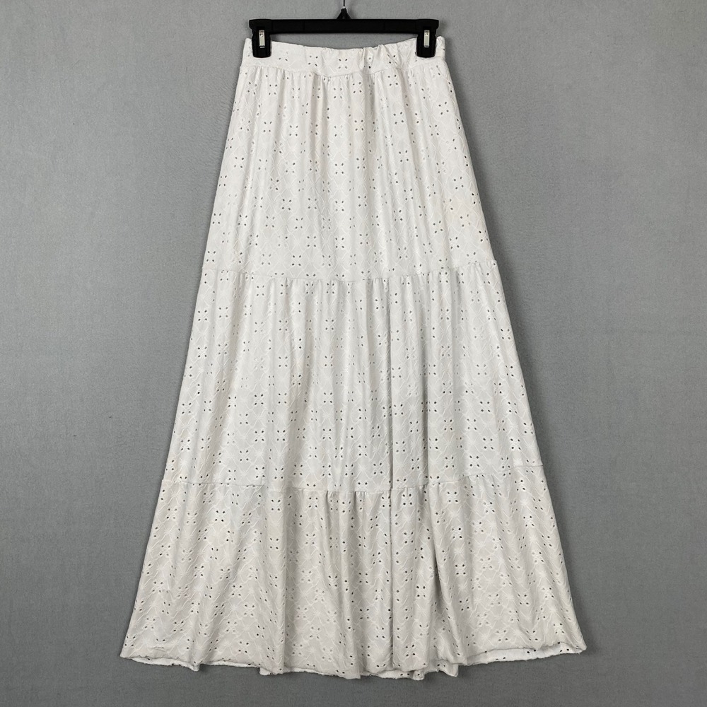 Vibe Sportswear Eyelet Lace Knit Tiered Boho Maxi Skirt Womens M Pale Gray